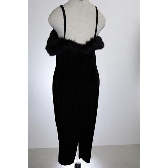 Vintage Nostalgia 90s Black Velvet Midi Dress Faux Feather Trim Size XXL USA - Picture 5 of 8